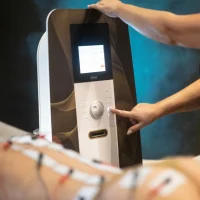 Das Bild zeigt, wie eine Mitarbeiterin das Steuergerät für eine Kryolipolyse-Anwendung bedient. Im Vordergrund ist der Rücken einer Kundin mit angeschlossenen Elektroden zu sehen.