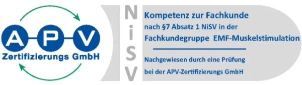 Das Bild zeigt die Zertifizierung Kompetenz zur Fachkunde nach §7 Absatz 1 NiSV in der Fachkundegruppe EMF-Muskelstimulation.
