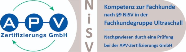 Das Bild zeigt die Zertifizierung Kompetenz zur Fachkunde nach §9 NiSV in der Fachkundegruppe Ultraschall.
